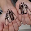Brown Press on Nails Long Stiletto Pointed Fake Nails with French Tips Rhinestones Designs Sharp Goth Black Ombre Acrylic Nails Stick on Nails Luxury Halloween Glossy Glue on Nails for Women 24Pcs
