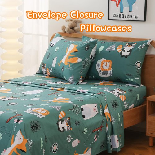 JSD Green Animal Forest Kids Sheet Set Twin 3 Piece, Cute Printed Microfiber Bed Sheets for Girls Deep Pocket