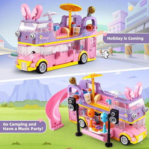 Bunny Camper Van Building Set for Girls 6-12 Compatible with Lego Friends Sets for Girls 8-12 Bus Vehicle Toy Compatible with Legos for Girls Age 8-12 Fun Gift for Boys, Girls, and Kids Ages 6+