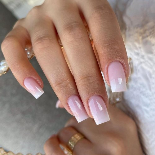 KQueenest Ombre Pink Press on Nails Short Medium Square Glue on Nails White and Pink, French Fake Nails Short Coffin, Winter Acrylic Nails Press on, Gradient Gel Nails For Women False Nails 24 Pcs