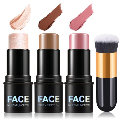 3PCS Cream Contour Stick Kit,Matte Waterproof Blush Highlighter Bronzer Contour Stick with Brush,Non-greasy Creamy Travel Size Contouring Stick Makeup Set for Face,Suitable for All Skin Types
