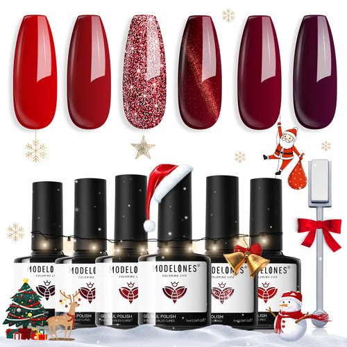 modelones Red Gel Nail Polish Set - 6 Colors Ruby Sparks Collection Popular Glitter Gel Polish Cat Eye Magnetic Gel Burgundy Red Sparkle Bloody Christmas Nail Gel Polish Kit Art DIY Salon Gift