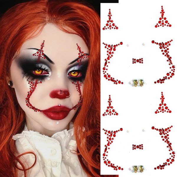 BASEMMAHER 2 Pieces Halloween Face Gems Jewels Rhinestone Tattoos Day of the Dead Skull Temporary Face Tattoo Red Crystal Stones Body Gems Makeup Stickers for Halloween Rave Cosplay Party Supplies