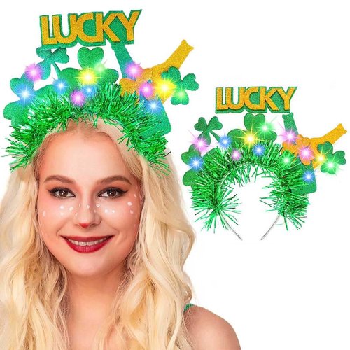Sixexey Light Up St. Patrick’s Day Headband Shamrock Clover Hair Band LED Irish Green Beer Lucky Hair Accessories for Women and Girls
