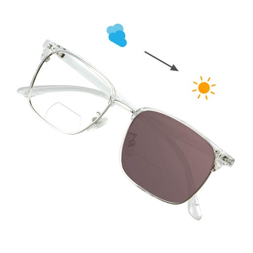 VisionGlobal Bifocal Reading Glasses Photochromic Dark Brown Sunglasses, Classic Retro Square Eyewear Reduce Fatigue (Brown, 0.00/+1.75 Magnification)