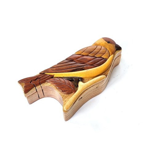 Goldfinch Bird - Intarsia Wood Puzzle Box - Handcrafted with Secret Compartment