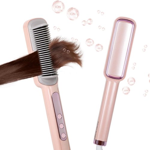 AceJoy Hair Straightener Brush, Hair Straightening Brush for Women with 15 Temp Setttings 180-450°F LED Display 20s Fast Heating Dual Voltage, Effortless Styling for Home Salon, Pink