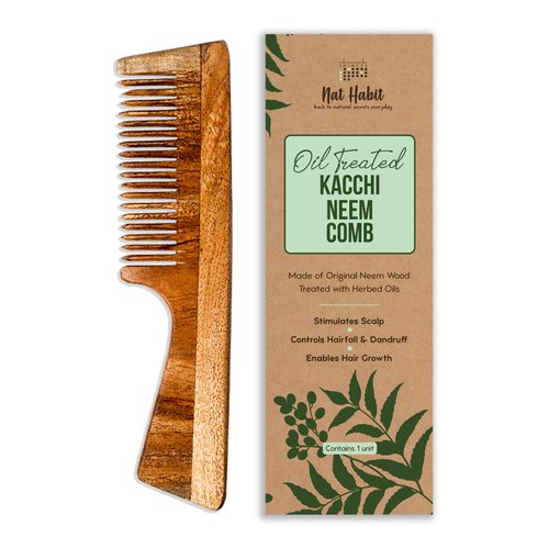 Nat Habit - Back To Natural Secrets Everyday Kacchi Neem Comb, Wooden Comb, Hair Growth, Comb For Men, Women, Treated With Neem Oil, Bhringraj & 17 Herbs (Fine Tooth) 18-20Cm Length Brown