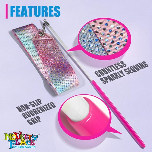 Novelty Place 2pcs Dance Ribbons Streamers, 78.7Inches Sparkling Gymnastics Ribbon Wands - Perfect Rhythm Sticks for Kids' Talent Shows, Artistic Dancing, Baton Twirling
