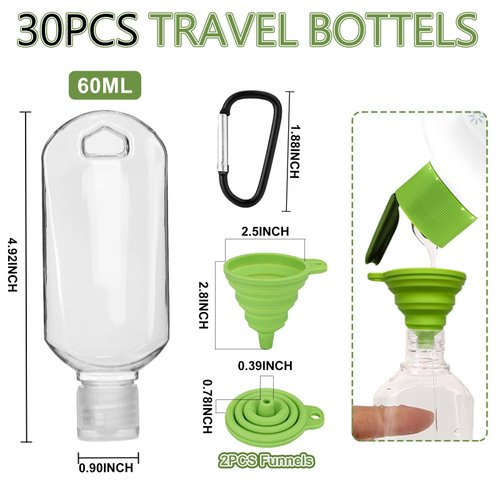Abodhu 30Pcs Empty Hand Sanitizer Travel Bottles with Keychain 2.03oz/60ml Portable Clear Leakproof Portable Refillable Plastic Squeeze Containers for Hand Sanitizer
