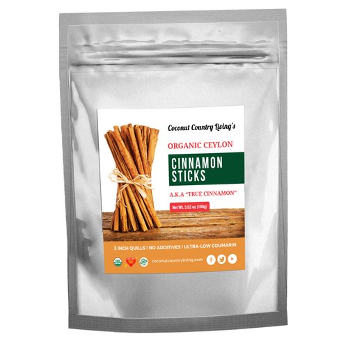 Coconut Country Living's organic Ceylon Cinnamon Sticks - Fair Trade Whole 3" Quills of Authentic, Sweet Cinnamon - No Contact w/Gluten, Soy, Peanuts, GMO, etc - Complementary eBook - 3.5 oz