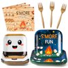 G1ngtar 96Pcs S’Mores Camping Party Plates Supplies - S’More Love Fun Party Tableware Decorations Campfire Disposable Paper Plates Napkin Fork for Kid Camper Christmas Birthday Baby Shower, Serves 24