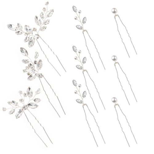 Yandino 9 Pieces Bride Wedding Hair Pins Bridal Hair Accessories Set Jewelry Bridesmaids Silver Hair Piece for Women and Girls
