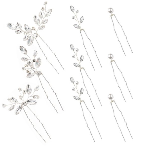 Yandino 9 Pieces Bride Wedding Hair Pins Bridal Hair Accessories Set Jewelry Bridesmaids Silver Hair Piece for Women and Girls