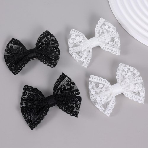 4pcs White Lace Hair Bow Clips 3" Cute Black Lace Ribbon Bow Alligator Hairpins Barrettes Baby Teens Toddler Flower Girls Wedding Pageant Communion Birthday Party Dress Decor Accessories