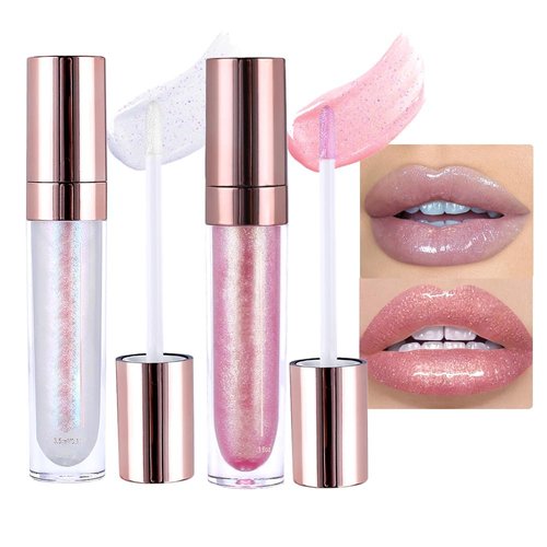 evpct 2Pcs Light Nude Pink Pearlescent Chameleon Shimmer Glitter Lipstick Lip Gloss, Long Lasting Waterproof Glitter Metallic Sparkly Glossy Lip Gloss Tint Stain Liquid Lipsticks Makeup Set for Women