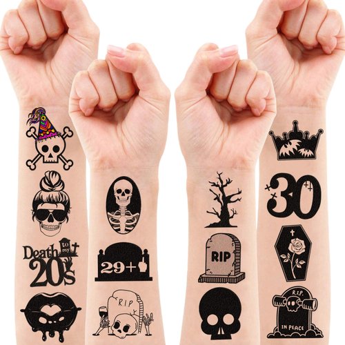 100 PCS 30th Birthday Rip Death To My 20s Temporary Tattoos Sticker Thirtieth My 30th Funeral Black Theme Birthday Party Decorations Supplies Favors Tattoo for Women Men Funny Gifts Prizes Halloween