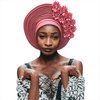 Handmade Nigerian Gele Headties Floral Hats Women Head Wrap Beaded Lace Hand Made African Headtie Hats for Party (US, Alpha, One Size, Rose red)