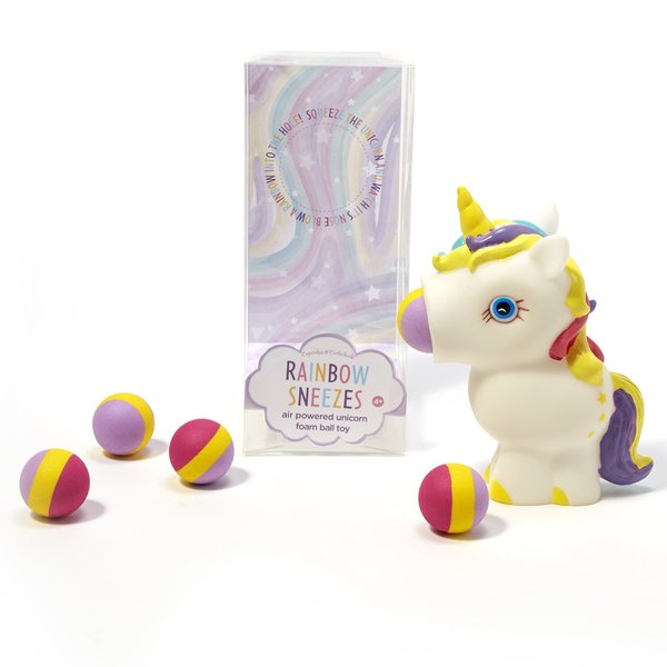Two's Company Gift Box-PVC/EVA Rainbow Sneezes Unicorn Air Powered Foamball Toy