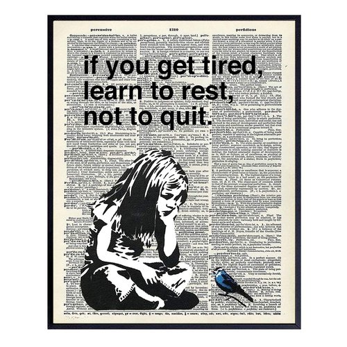 Banksy Rest Don't Quit - Unframed Dictionary Wall Art Print - Makes a Great Gift for Home Decor, Living Room, Bedroom - Ready to Frame (8X10) Vintage Photo - Girl with Bird