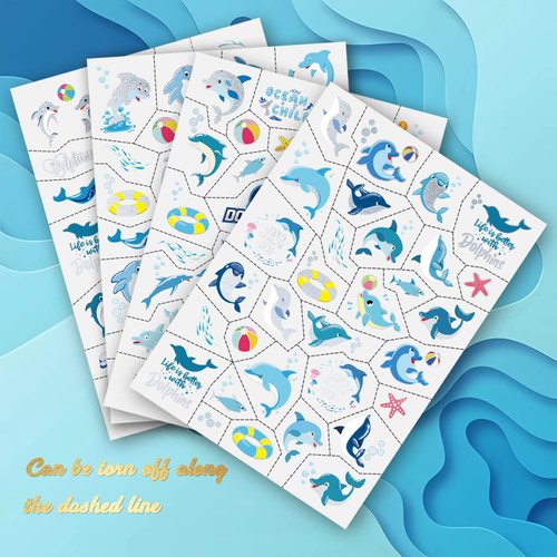 Dolphin Glitter Temporary Tattoos for Kids, 4 Sheets Bronzing Fake Tattoos for Girls Boys, Cute Ocean Animal Body Arm Shoulder Tattoos Stickers Waterproof Tattoos, Party Favors Supplies Decor Gifts