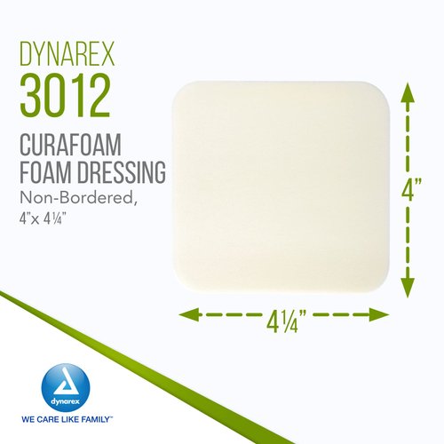 Dynarex 3012 CuraFoam Foam Dressing, Non-Bordered, Sterile, Provides Cushioned and Moist Wound Care, 4" x 4.25", Pack of 10