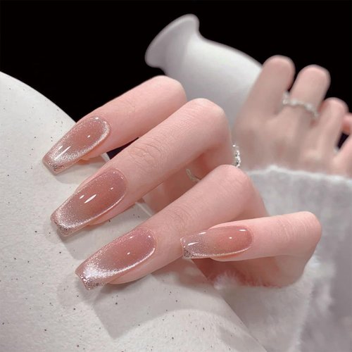 press on nails，Gel press on nails，cat eye nails，nude press on nails，Glossy nails，Reusable full coverage press on long nails for women and girls 24pcs (B655-001, 12)