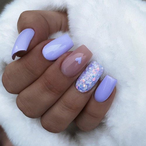 Purple Press on Nails Medium Length Square Fake Nails with Heart Designs Gloss Stick on Nails Acrylic False Nails with Bling Designs Valentines Medium Glue on Nails Gloss Artificial Nails for Women