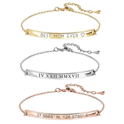 Gold Name Bar Engraved Bracelet Personalized Mother's Day Gift for Women Mom Her Handmade Friendship Custom Anniversary Bridesmaid Wedding Jewelry Birthday Graduation Grandma -12BR