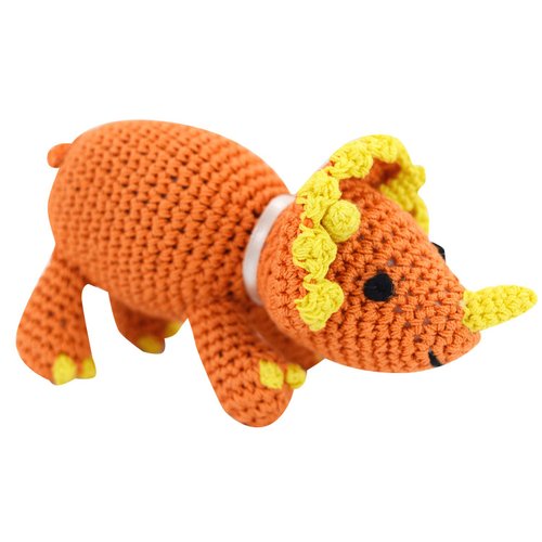 PETFLY Dog Teeth Cleaning Cotton Crochet Squeaky Dog Toy for Small Dog - Dinosaur Triceratops