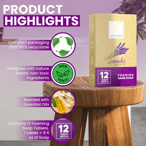 Soap Sense Foaming Hand Soap Tablets 12 Count Pack - Makes 96 fl oz Total (12x 8 fl oz Bottles of Soap) (Lavender)