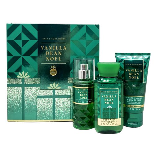 Generic Bath and Body Work 2023 VANILLA BEAN NOEL 3 Piece Travel Gift Box Set Arranged in a Festive Box - Travel Size, green
