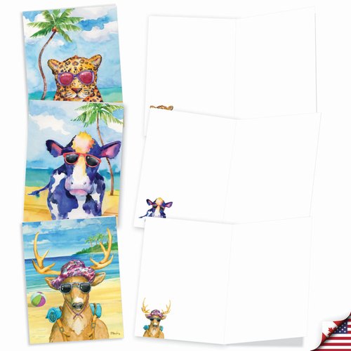 The Best Card Company Assorted Funny Wildlife Watercolor Blank Greeting Card Box Set - Incl. 10 Unique Notecards Designs + Envelopes for Thank You, Invitations - Animal's Day Off AM6670OCB-B1x10