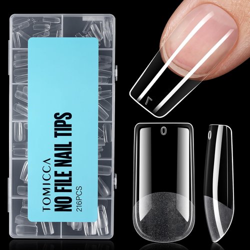 TOMICCA Acrylic Nail Tips Square - Medium Square Nail Tips, Soft Gel Nail Tips Full Cover,Nail Extensions for Beginner and Professional 216pcs12 Sizes
