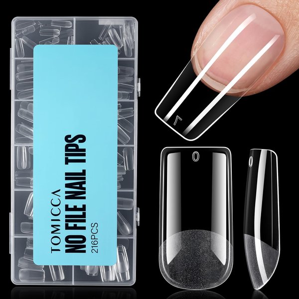 TOMICCA Acrylic Nail Tips Square - Medium Square Nail Tips, Soft Gel Nail Tips Full Cover,Nail Extensions for Beginner and Professional 216pcs12 Sizes