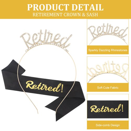 CAVETEE Retirement Gifts for Women, Gold Retired Crown and Sash Black Officially Retired Sash and Tiara Retirement Party Decorations