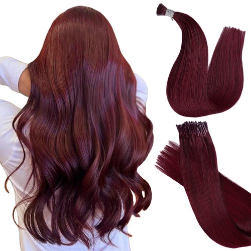 DIYOMO I Tip Hair Extensions Human Hair Remy Burgundy Red Itip Human Hair Extensions 22inch Pre Bonded Invisible Wine Red I Tip Hair Extensions Straight Stick 50G/50S