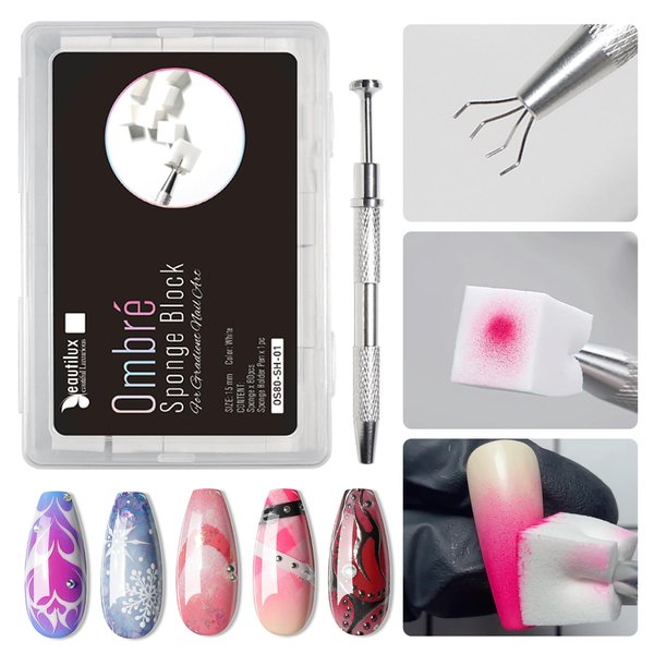 beautilux Nail Sponges for Ombre, 80Pcs Soft White Gradient Nail Sponge with Sponge Holder Pen for Nail Art Nail Accessories Color Fade Gradient Nail Art Manicure