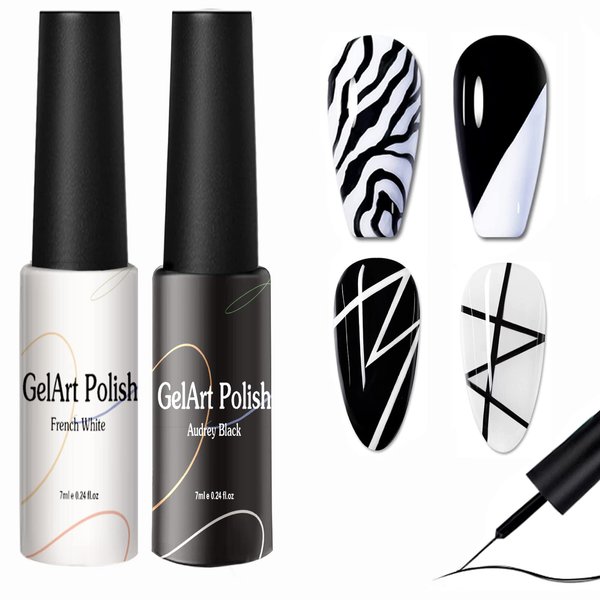 7ml*2pcs Nail Art Liner Gel Polish Built in Thin Brush,Black White Nail Polish Soak off Curing for French Tip Nails Design,Nail Art Supplies Kit for Home Salon DIY Nail and French Manicure Painting