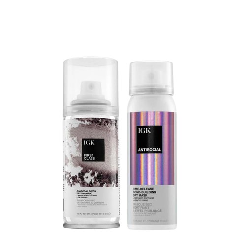 IGK Travel Size First Class Dry Shampoo + Antisocial Dry Hair Mask | Charcoal Detox + Bond-Building | Vegan + Cruelty Free