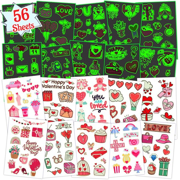 Partywind 560 Styles Glow Valentine's Day Tattoos for Kids Party Supplies, 56 Sheets Valentines Love Heart Tattoo Stickers Party Decorations, Exchange Games for Kids Classroom Prizes