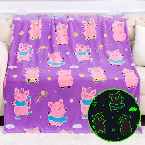 Boulou Glow in The Dark Pig Blankets Gifts for Girls Boys, Cute Pink Plush Piggy Throw Blanket Toys Present for Pig Lover Birthday Valentines Christmas 60"x50"