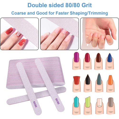80/80 Grit Nail Files (50 Pcs), Emery Boards for Acrylic Nails and Gel Nails, Coarse Nail File Double Sided 80 Grits Emory Professional Nail Filers Pack Reusable Washable Manicure Gray