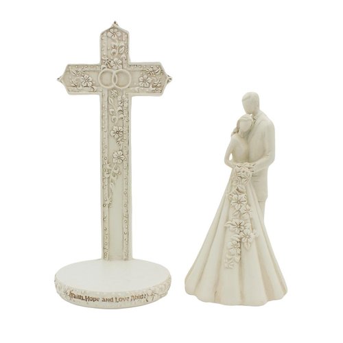 CB Avalon Gallery 6.9-inch Couple with Cross and Wedding Rings 2-Piece Wedding Cake Topper