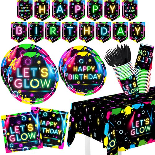 Neon Birthday Party Decorations, Glow Neon Party Tableware Supplies Includes Neon Plates and Napkins, Glow in the Dark Tablecloths, Serve 24