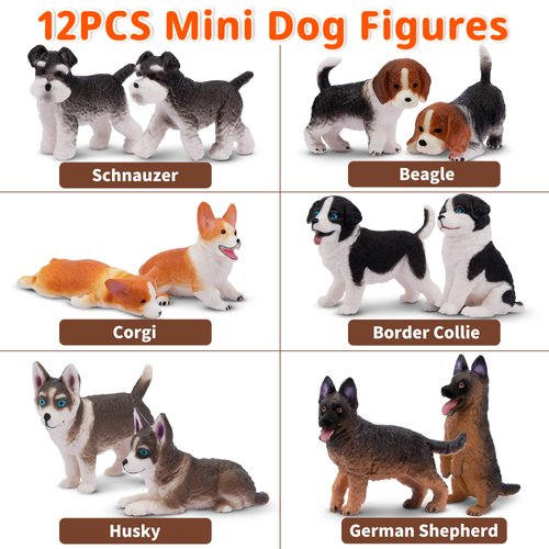 EYSCOTA 12PCS Dog Figurines Playset, Realistic Detailed Plastic Puppy Figures, Hand Painted Mini Dog Figures Toy Set Cake Toppers Birthday for Kids Toddlers