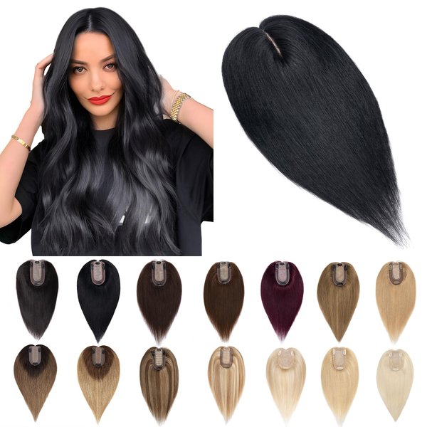 SEGO Human Hair Toppers for Women With Thinning Hair 7 * 13CM Silk Base 100% Real Human Hair Clip in Top Wiglet Hair Pieces -8 Inch No Bangs Jet Black
