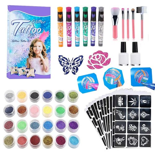 Temporary Glitter Tattoos Kit & Temporary Tattoo Pens for Kids, 24 Glitter Colors & 6 Temporary Tattoo Markers, Temporary Tattoos Body Glitter & Halloween Makeup Kit, Fake Tattoos Kit for Kids
