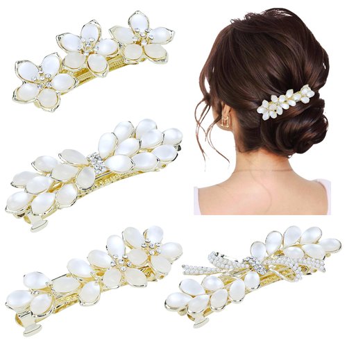Dizila 4 Pieces Gold Metal Sparkly Opal Bow Flower French Hair Barrettes with Strong Hold Automatic Spring Hair Clips Hairpins Headpieces for Women Girls