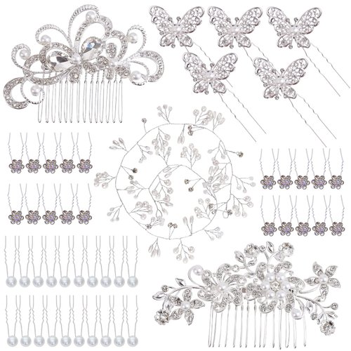 48 Pieces Wedding Hair Comb Hair Pins Set, FULANDL Faux Crystal Pearl Bridal Hair Accessories, Rhinestone Bridal Side Combs U-shaped Butterfly Flower Hair Clips for Women Girls